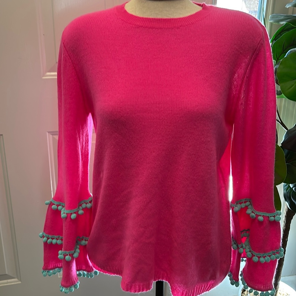 ** SOLD** Two Bees Cashmere brite pink cashmere sweater blue Pom poms size S
